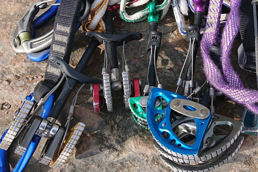 A small image showing a selection of climbing equipment