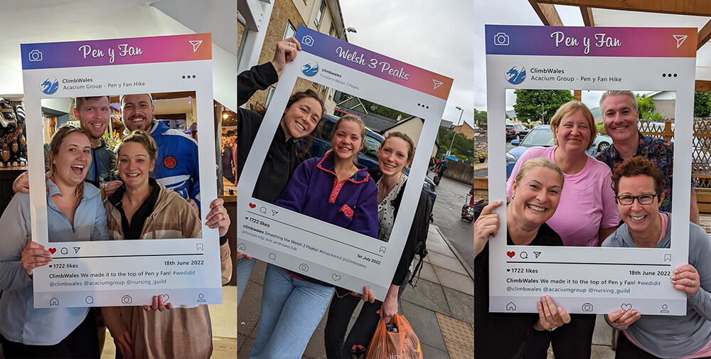 Happy customers holding up and looking through social frames post challenge events