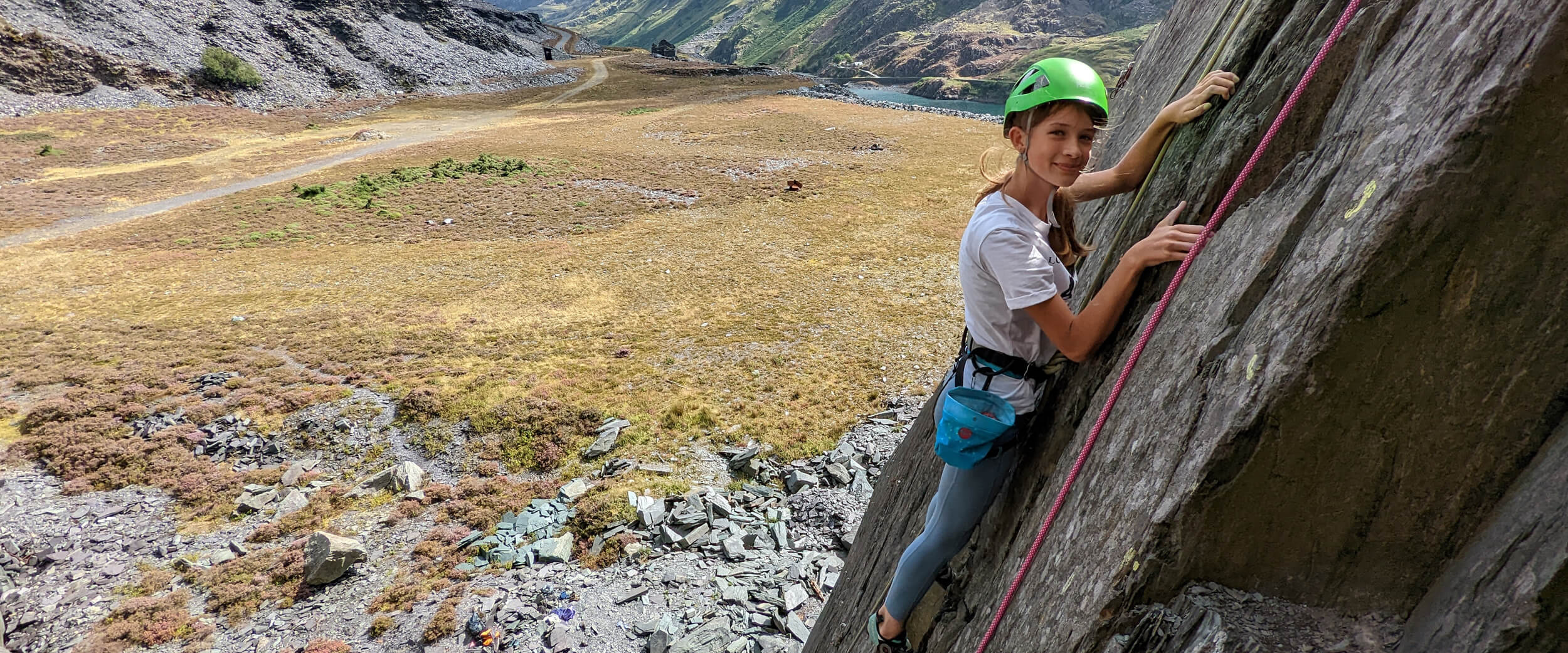 A young girl climbing in the Llanberis slate quarries