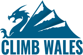 The Climb Wales Logo - An Image of a Welsh Dragon, it's wing in the shape of three mountains - representing the Snowdon, Glyderau and Carneddau mountain ranges
